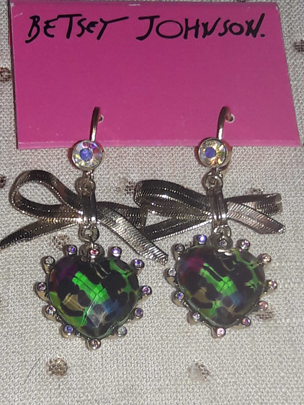 Betsey Johnson Iridescent Green Heart Bow Drop Earrings